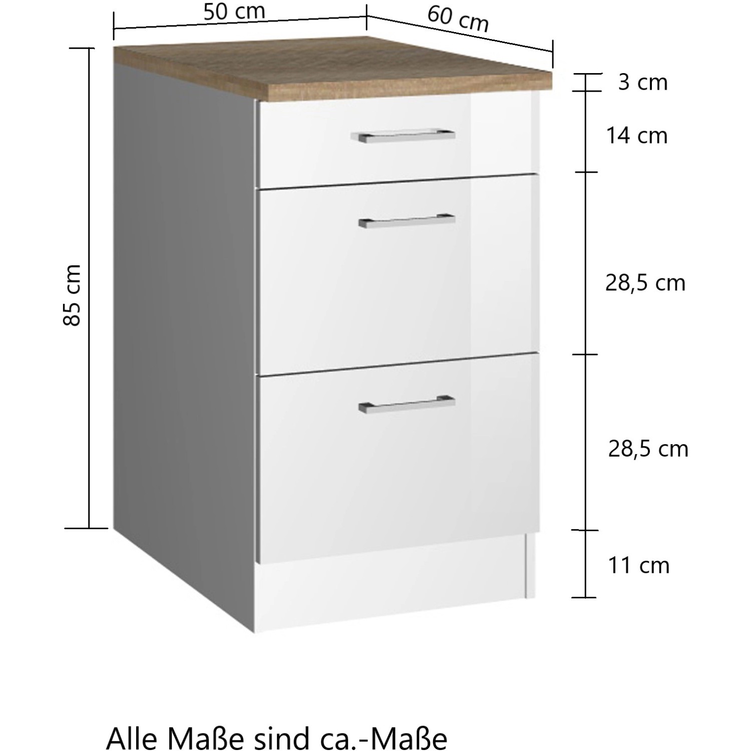 Küchenunterschrank Mailand, 50 cm, Hochglanz Weiß mit Auszügen und Schublade.
