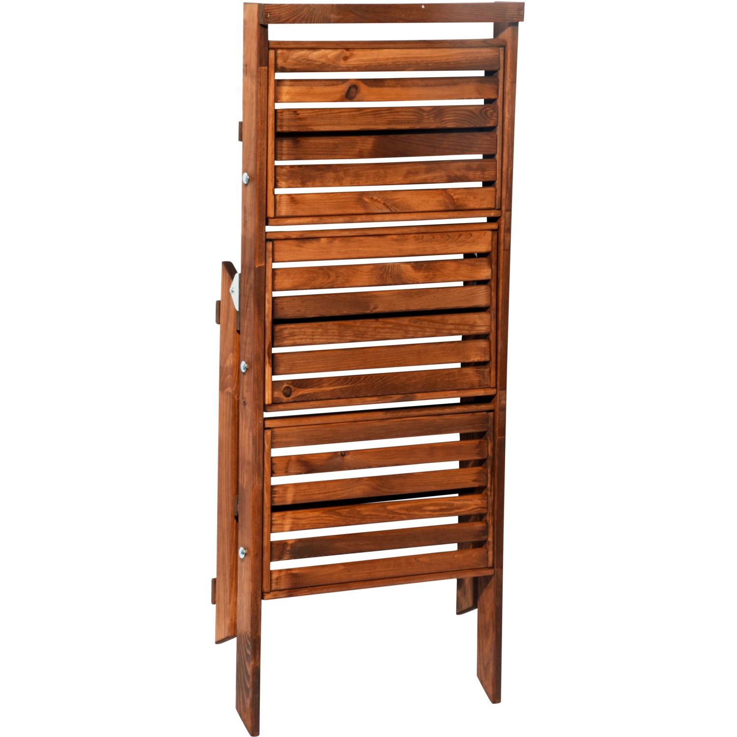 Zusammengeklappte, braune Dobar Blumentreppe aus FSC®-zertifiziertem Holz mit drei Regalen für Gartendeko.