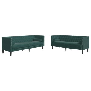Dunkelgrünes 2-tlg. Chesterfield Sofa-Set aus Samt mit Nackenrollen.
