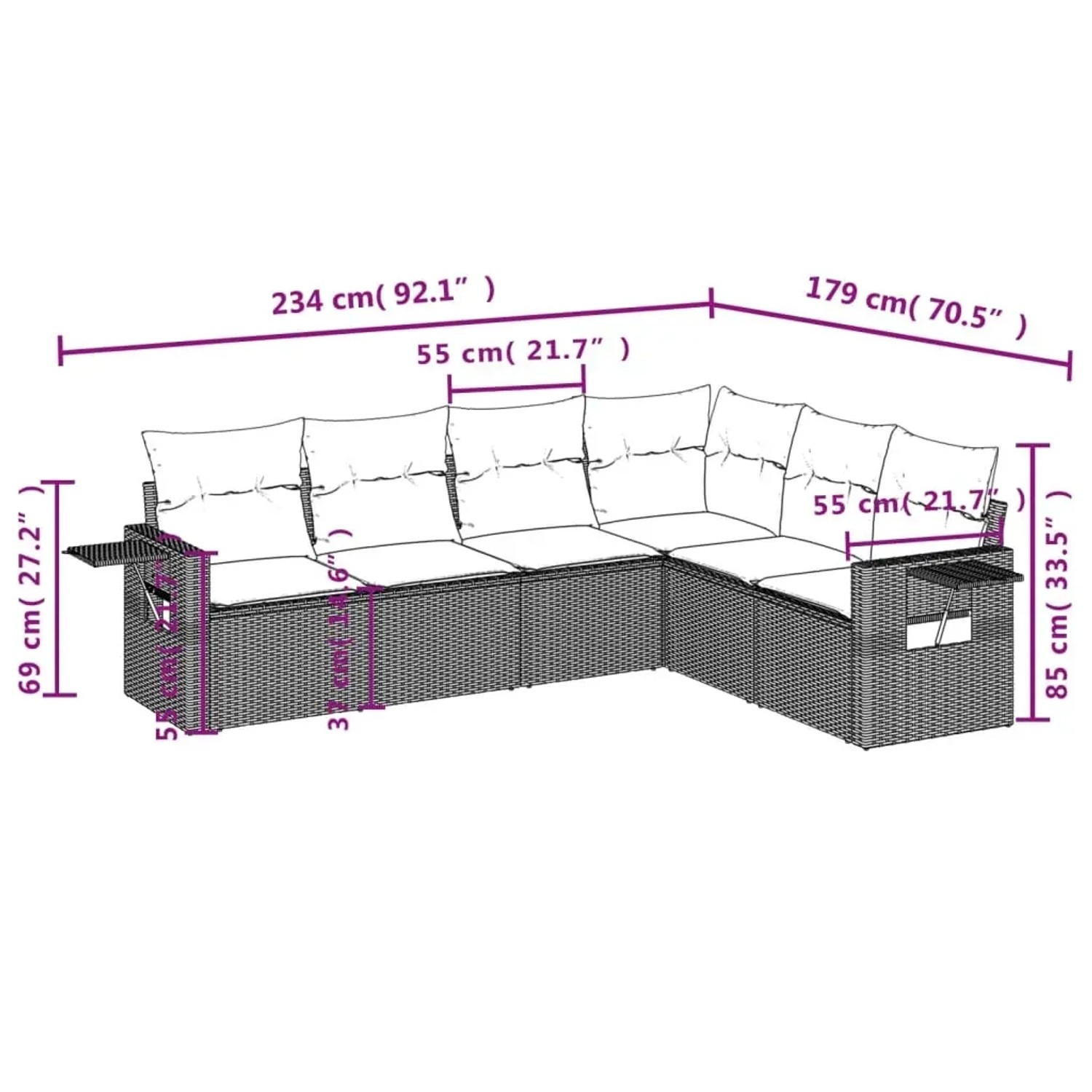 vidaXL 7-Tlg. Garten-Sofagarnitur, schwarzes Poly Rattan mit Maßen. Ideal für Terrasse und Garten.