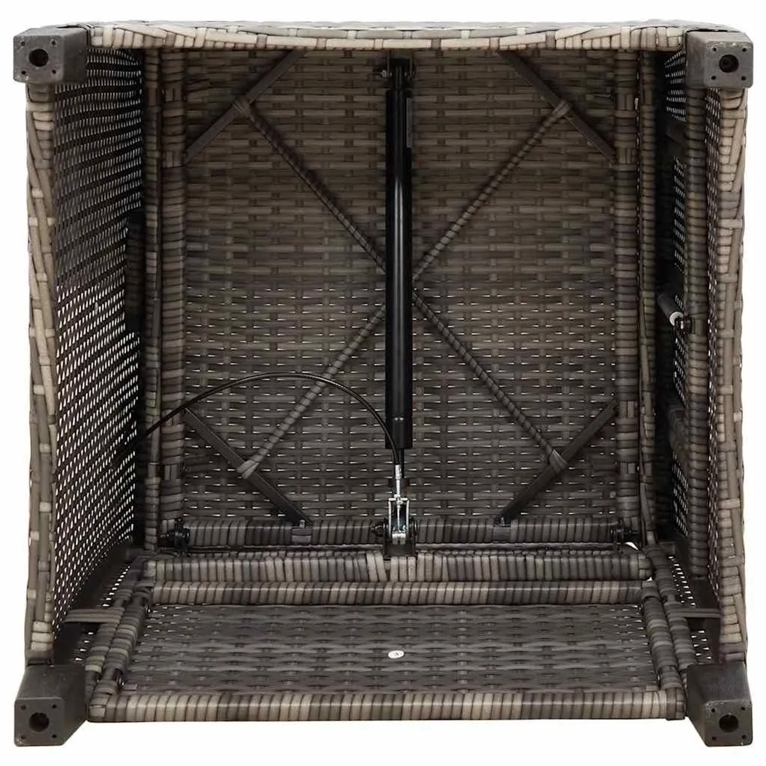 Grauer vidaXL Poly Rattan Gartensessel, Unterseite. Sichtbar sind Metallrahmen und Gasfeder-Mechanismus.