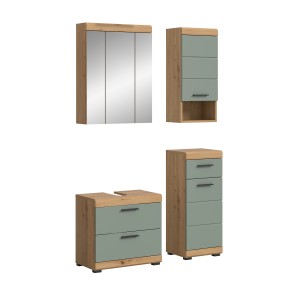 4-teilige Badkombination in Eiche und Salbei: Waschbeckenunterschrank, Spiegelschrank, Standschrank, Hängeschrank.