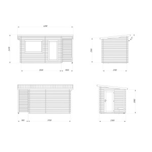 Technische Zeichnung Palmako Sauna Sanna, 350x210 cm, naturbelassen, mit Maßen.