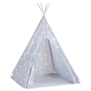 Graues Kinder Tipi-Zelt mit weißen Sternen, 115x115x160 cm, ideal für Camping und Spielen.