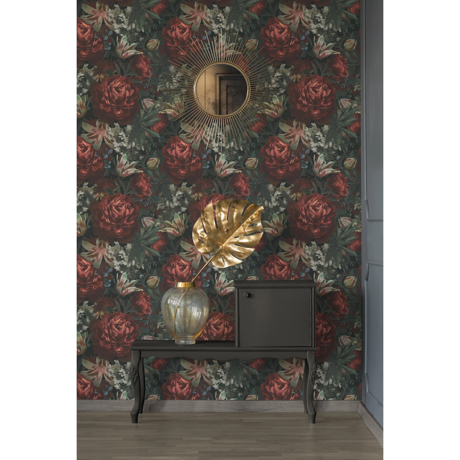 A.S. Création Vliestapete mit Blumenmuster in Rot und Grün für eine tropische Wandgestaltung.