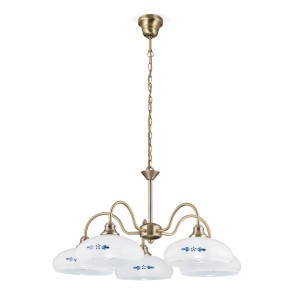 Antike Orion Luster Country Lampe, Ø 60cm, mit Blumendekor und 5 opalblauen Glasschirmen.