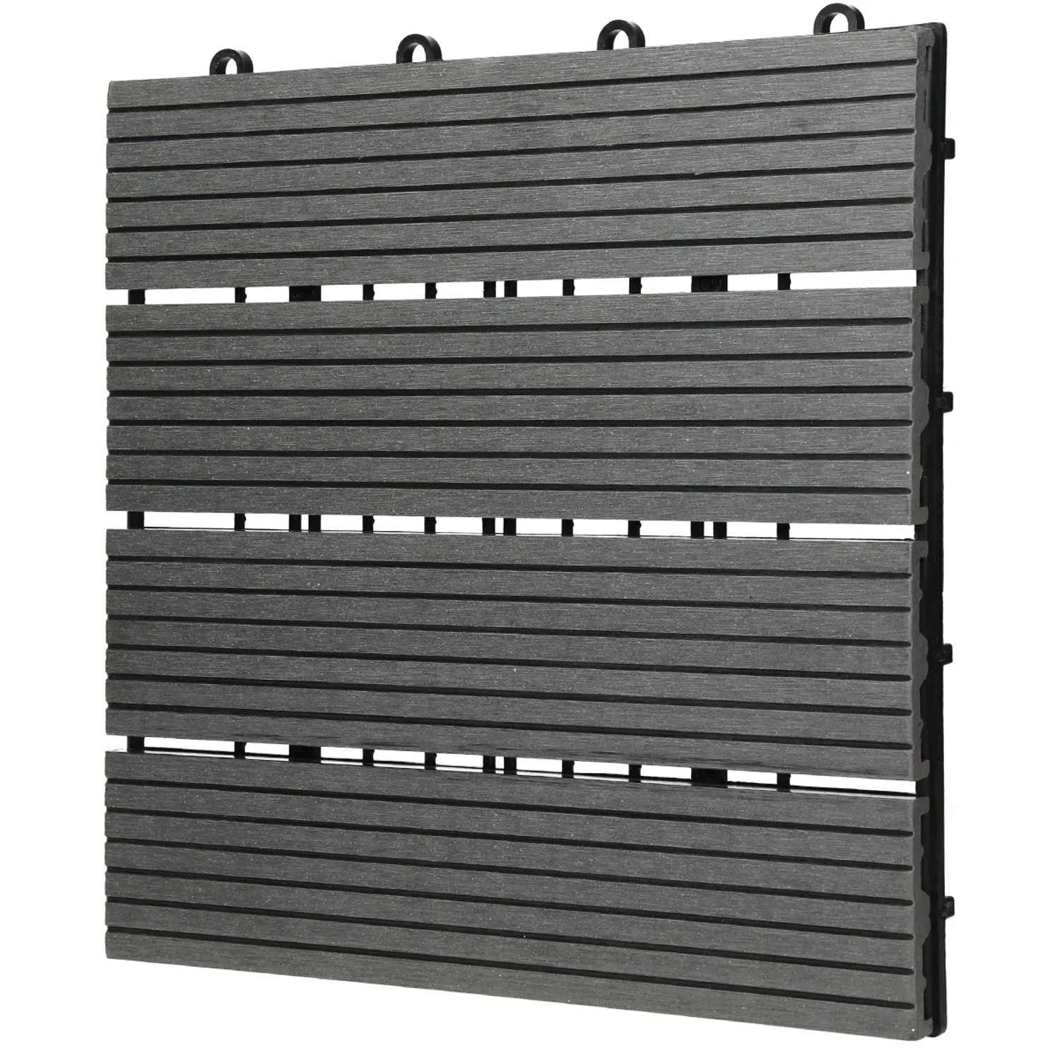 Anthrazitfarbene WPC Terrassenfliese (30x30 cm) im Holzoptik Design mit Klicksystem.