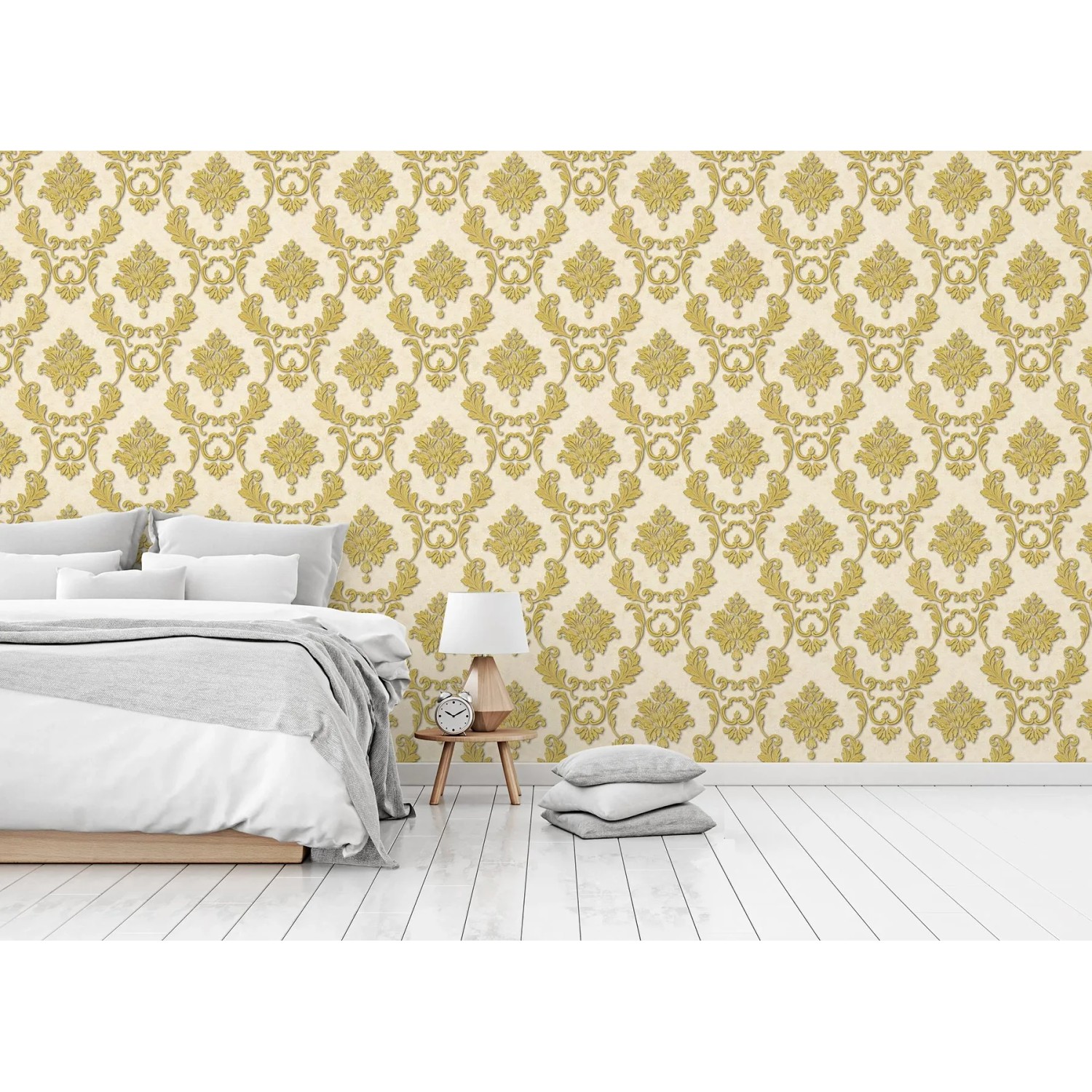 Barock Tapete Jacopo in Creme und Gold mit Ornamenten im Schlafzimmer.