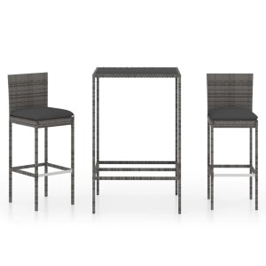 vidaXL Gartenbar-Set, 3-teilig, grau, Rattan-Optik mit Tisch und 2 Hockern mit Kissen.