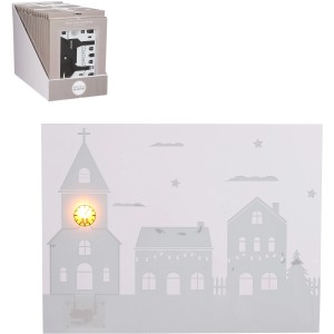 Weißer Fensteraufkleber mit Kirche und LED-Beleuchtung, batteriebetrieben, 22x29 cm, Weihnachtsdeko.