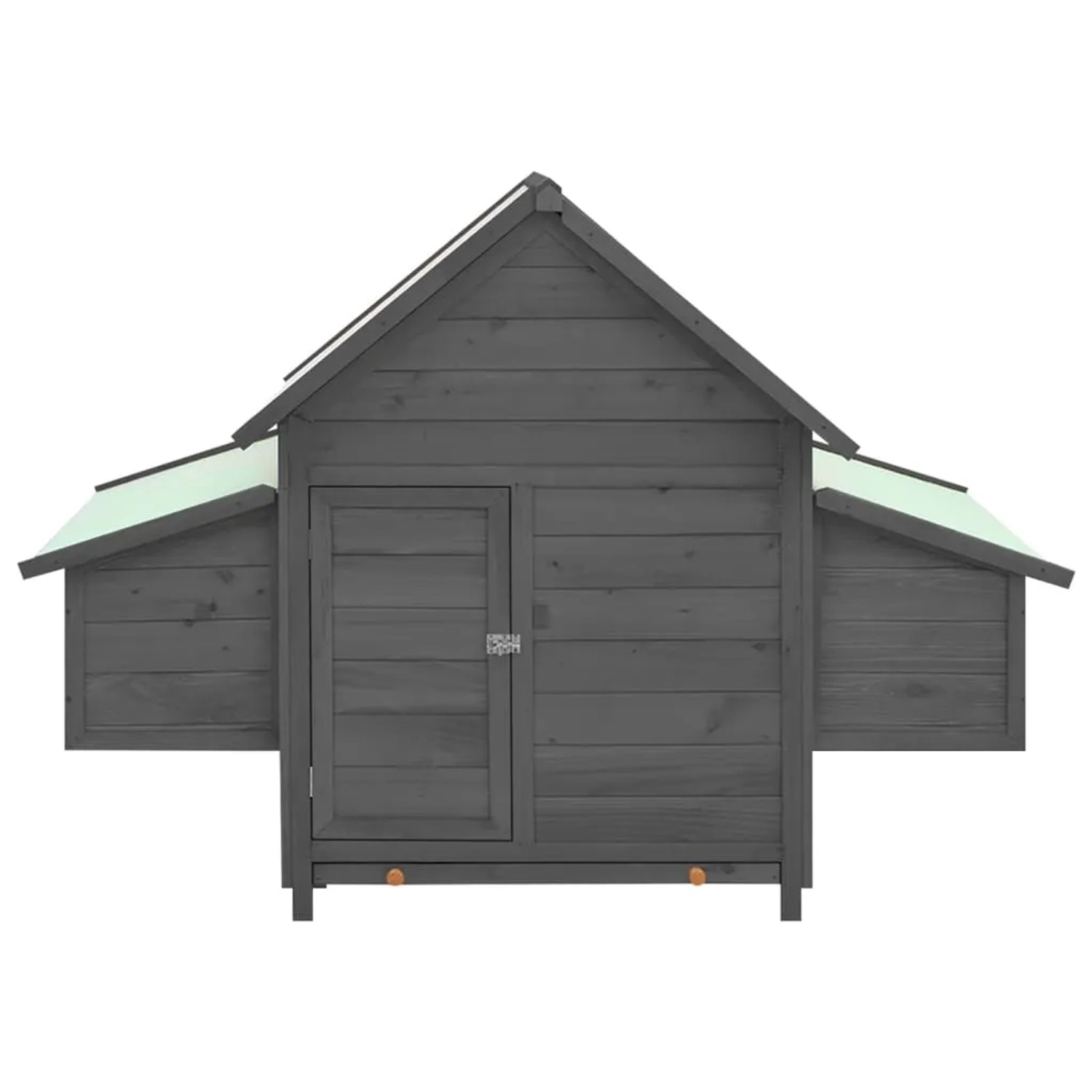 Grau-weißer Hühnerstall aus Holz mit zwei Nistkästen für Hühner.