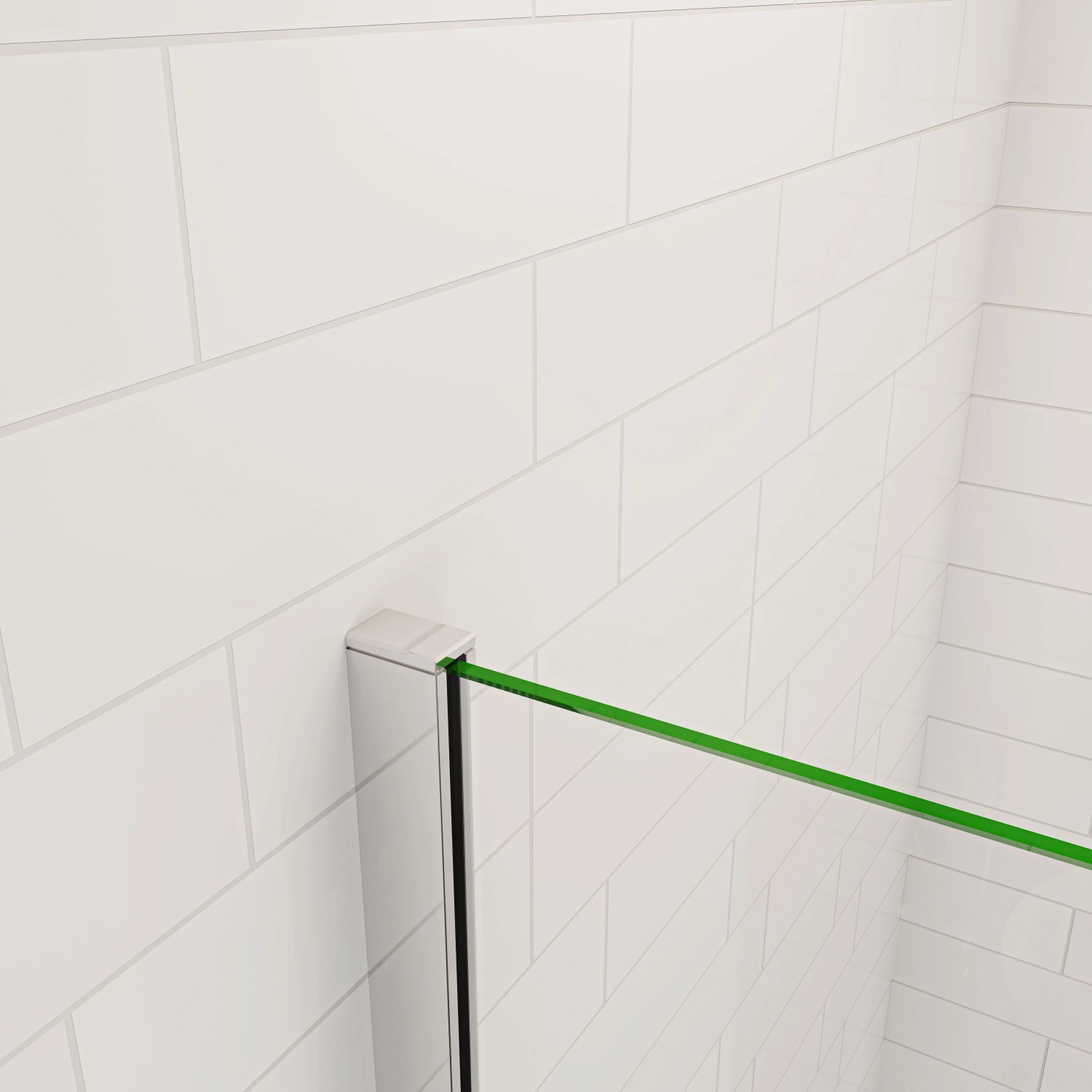 Detailaufnahme: AICA Walk In Dusche mit 10mm ESG Glas und Chromrahmen vor weiß gefliester Wand.