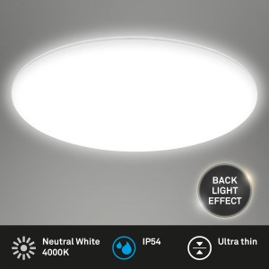 Weiße, rahmenlose Briloner LED Feuchtraumleuchte (35 cm) mit neutralweißem Licht und Backlight-Effekt.