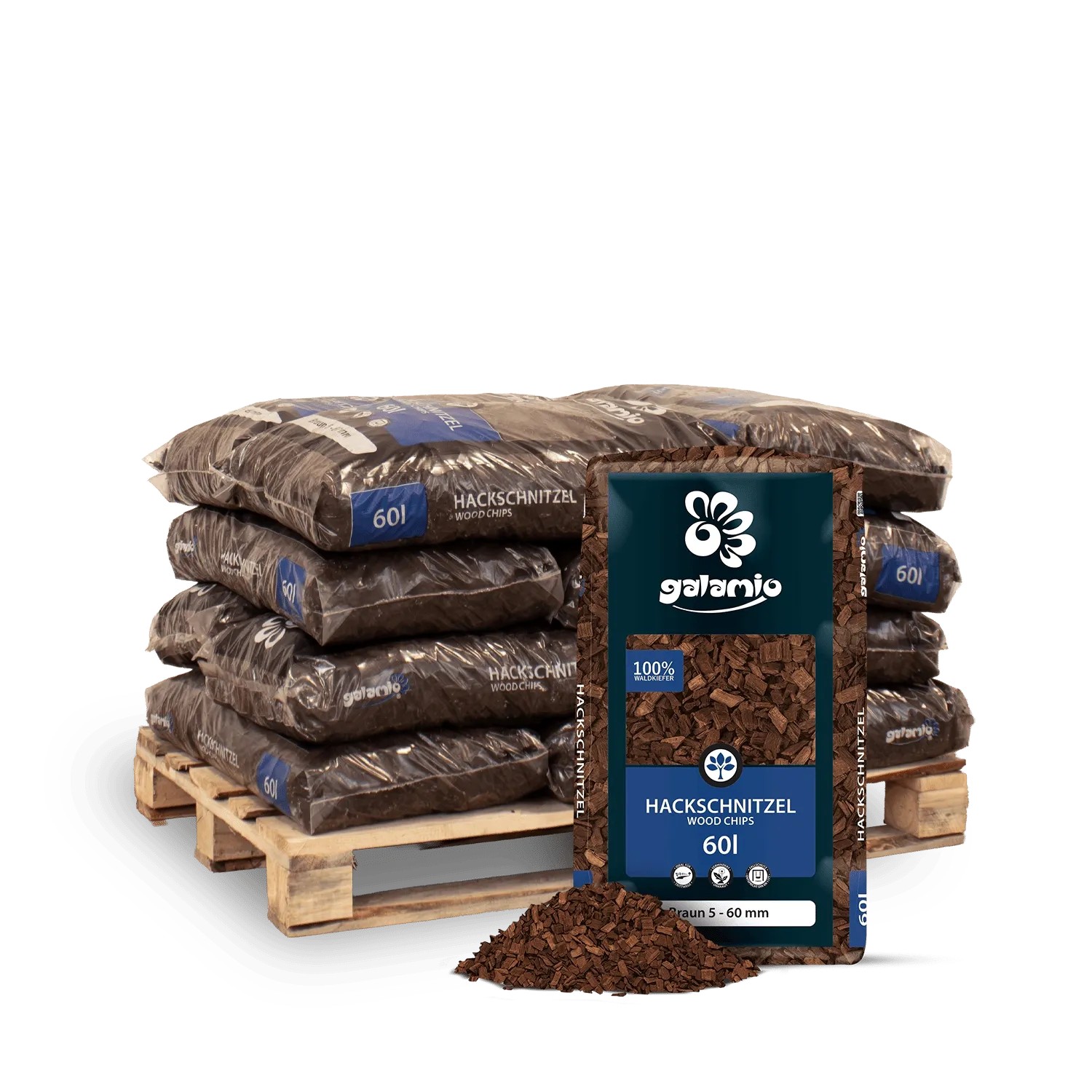 Galamio Holzhackschnitzel Braun 60l x 12 Sack 720l 12er Palette