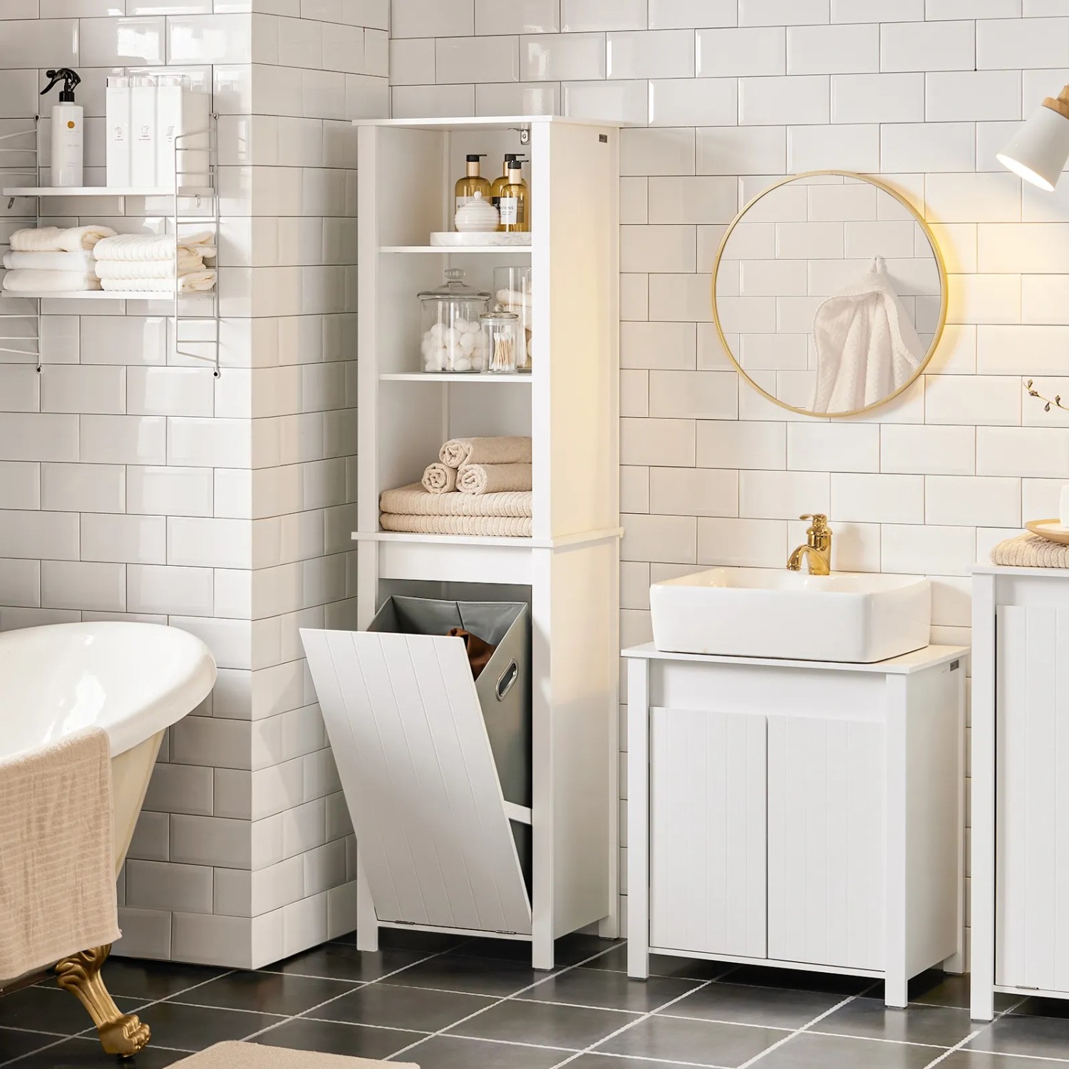 SoBuy Badezimmer Hochschrank BZR102-W mit Wäschesack Holz Weiß kaufen bei OBI