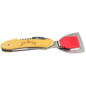 Jim Beam 5-in-1 BBQ-Werkzeug: Grillwender, Gabel, Pinsel, Korkenzieher, Öffner. Edelstahl mit Holzgriff.