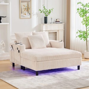 Beiger Corduroy Schlafsessel mit LED-Beleuchtung, USB-Anschluss und Getränkehalter. Komfortables Sofa für Entspannung.
