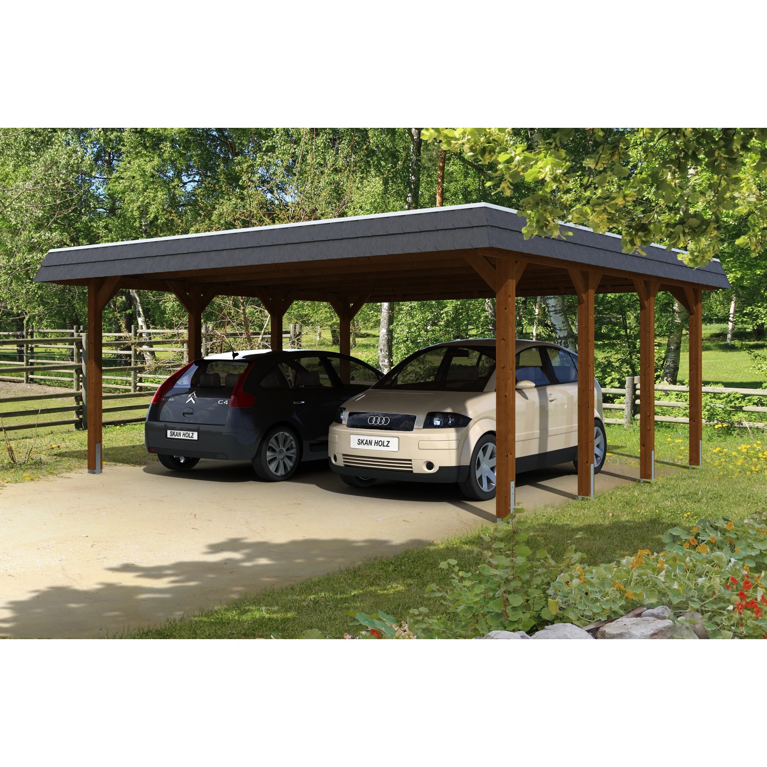 Skan Holz Doppelcarport Holz Nussbaum 585 cm x 589 cm