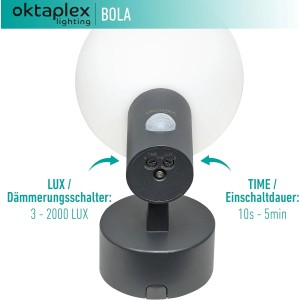 Oktaplex Bola LED Außenleuchte mit Sensor, anthrazit. Detailaufnahme der Dämmerungs- und Zeiteinstellung.