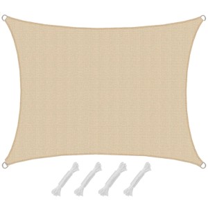 Beiges, viereckiges AMANKA Sonnensegel (1,5x2m) aus wasserdurchlässigem HDPE mit Seilen.