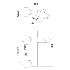 Technische Zeichnung: pianura Badewannenarmatur Stella, Aufputz, Chrom, mit Maßangaben.