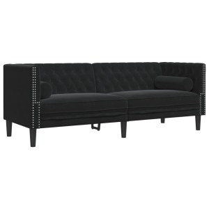 Schwarzes 3-Sitzer Chesterfield Sofa aus Samt mit Nackenrollen.