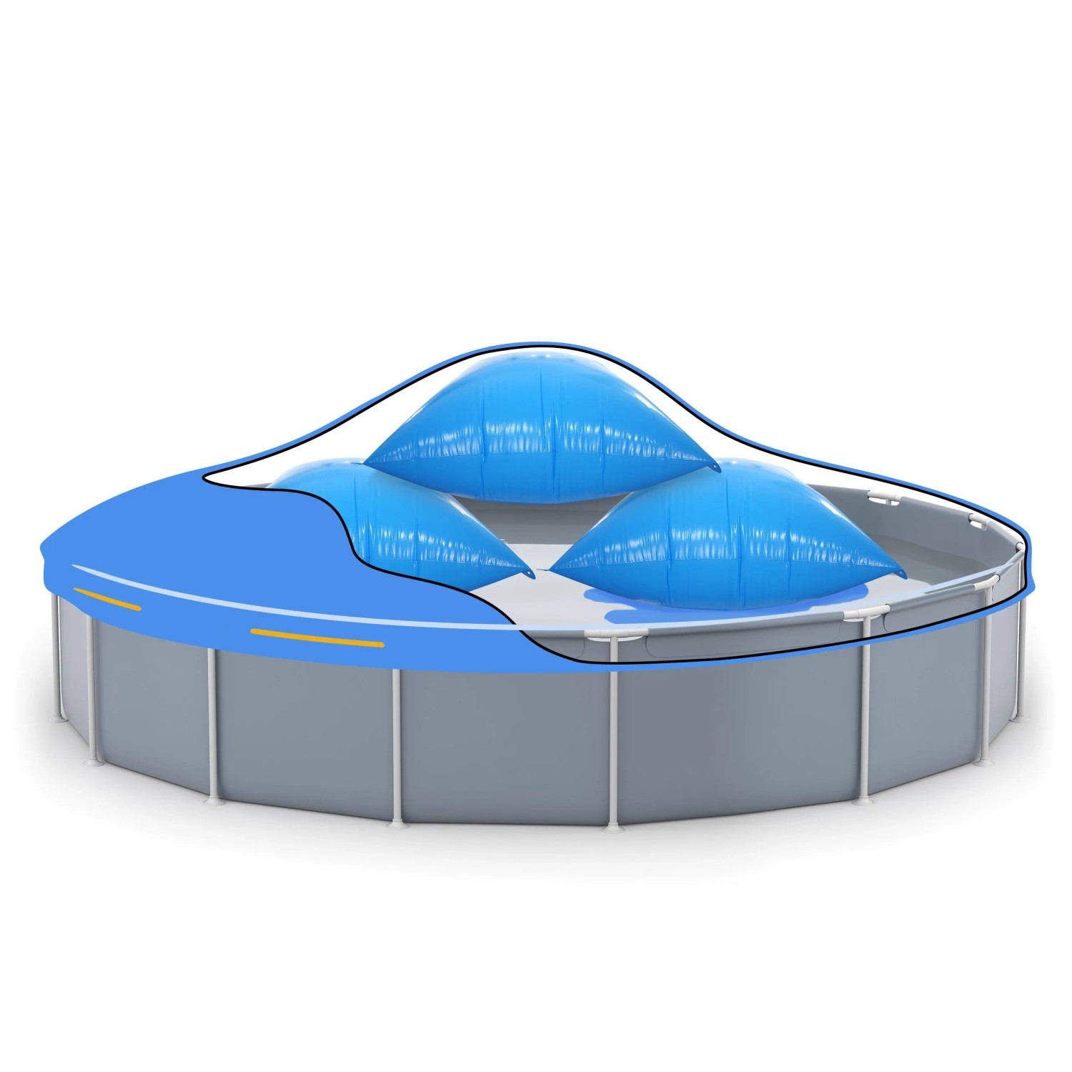 Pool mit blauen Höfer Chemie Luftkissen und Abdeckplane für den Winter.