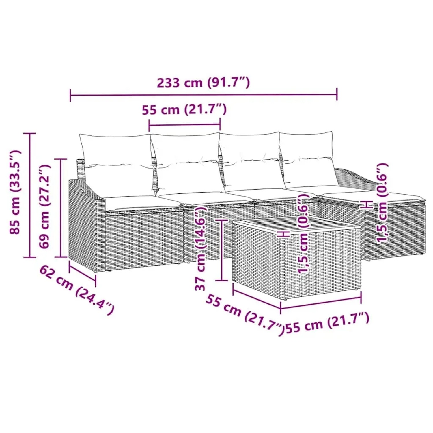 vidaXL Gartenmöbel-Set, 6-teilig, beige Poly Rattan, mit Maßen des Sofas und Tisches.