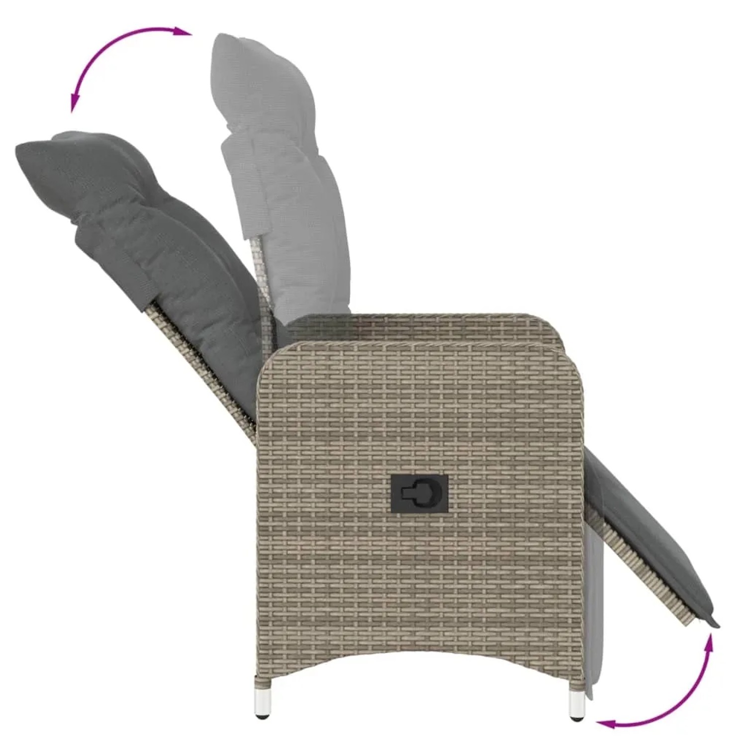 Verstellbarer Gartensessel aus grauem Rattan mit Kissen, Seitliche Ansicht.
