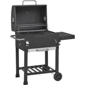 Dunkelgrauer Jamestown Jaxon Holzkohlegrill mit offenem Deckel, Seitenablage und Rädern.
