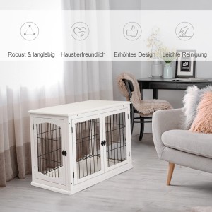 Weisse PawHut Hunde Transportbox mit zwei Türen aus Metall und Holz im Wohnraum.