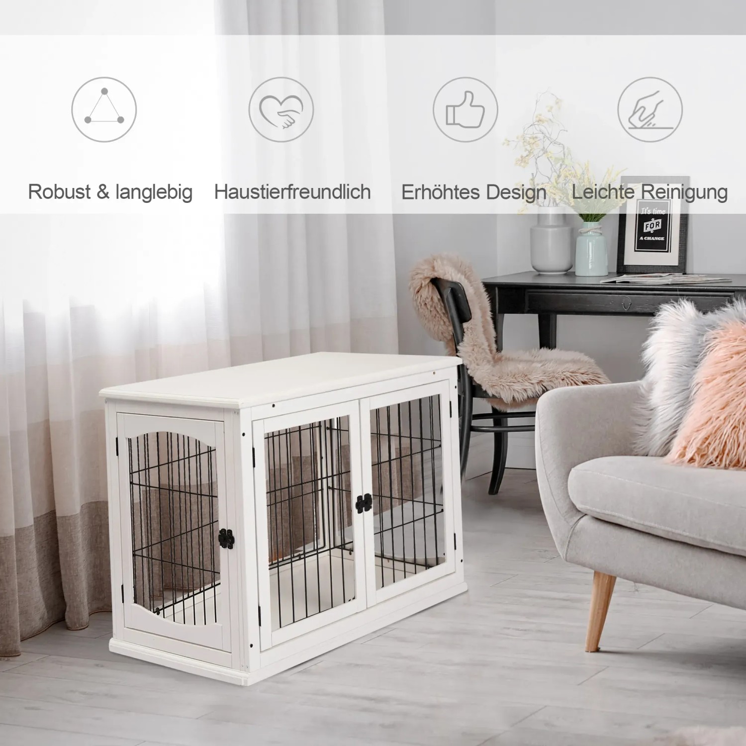 Weisse PawHut Hunde Transportbox mit zwei Türen aus Metall und Holz im Wohnraum.