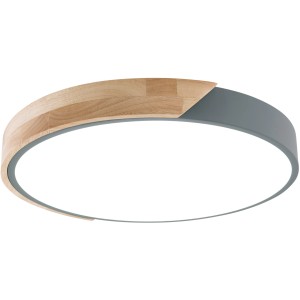 Graue LED-Deckenleuchte Borneo (Ø 31 cm) mit Holz- und Acryl-Elementen für warmweißes Licht.