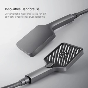 Emke Duschsystem: Handbrause in Anthrazit mit 3 Strahlstärken und Wasserfall-Auslauf.