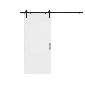 Weiße inova Holzschiebetür mit schwarzer Laufschiene und Bügelgriff im Komplettset.