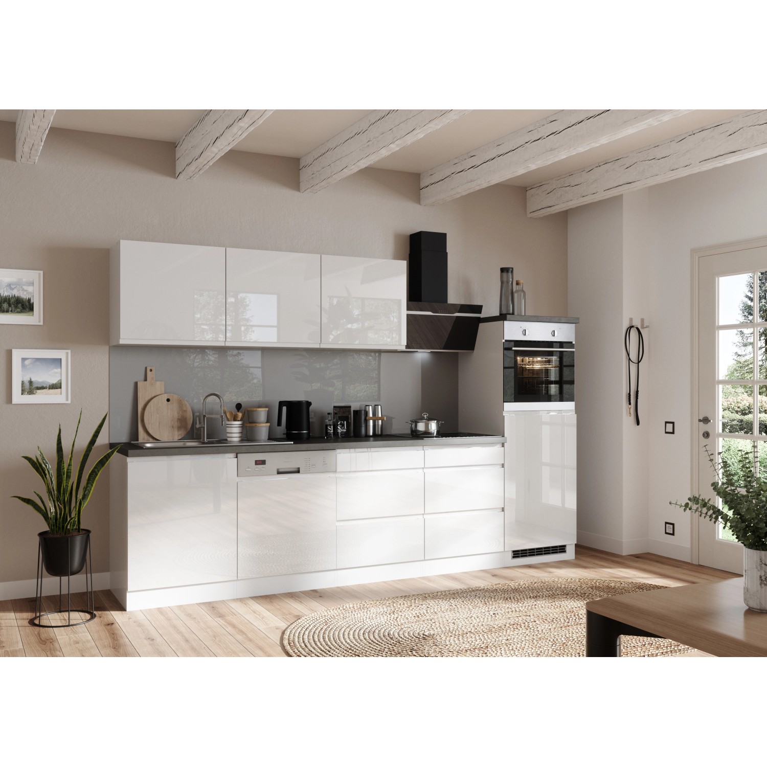 Held Küchen Küchenzeile Gera 300 cm Weiß/Beton mit E-Geräten /autark günstig online kaufen
