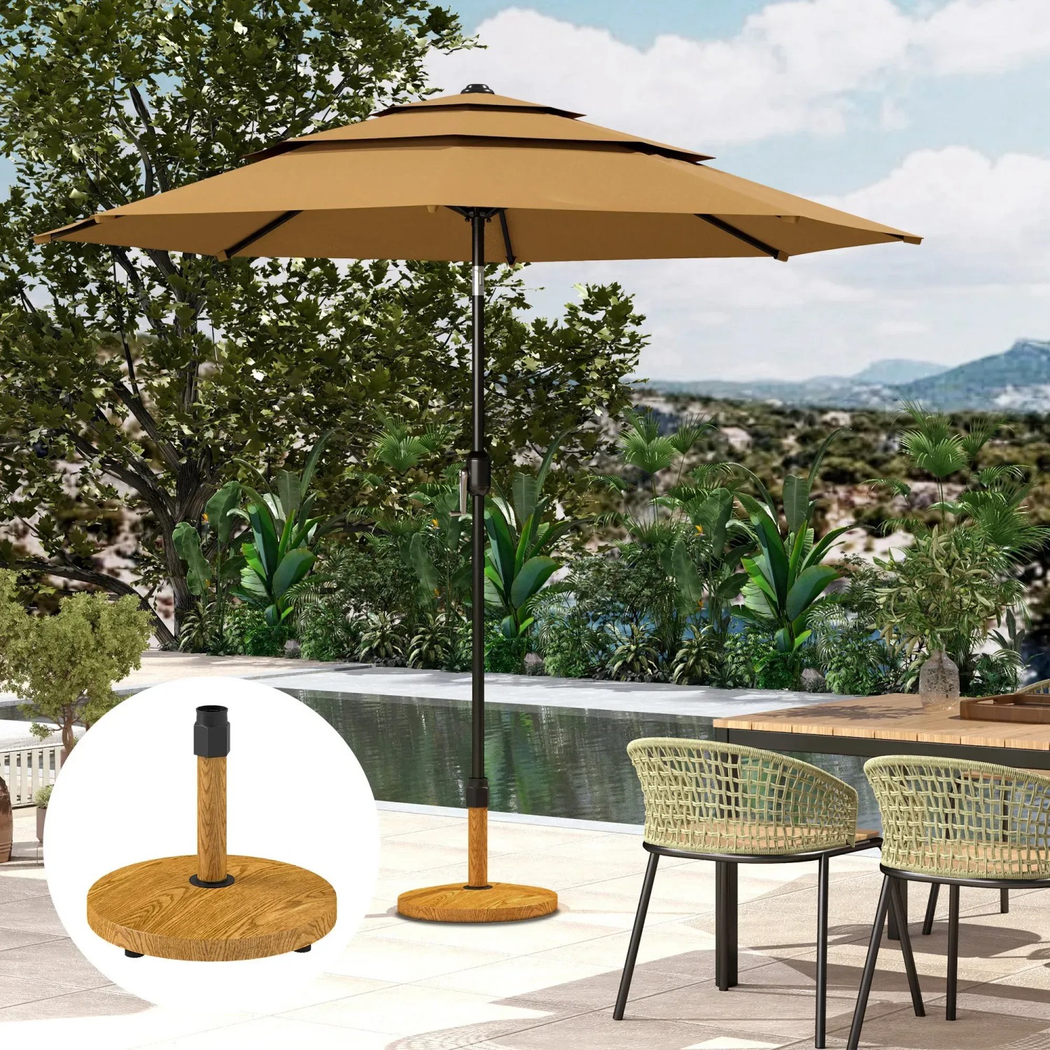 Outsunny Schirmständer aus Beton und Metall mit Holzoptik für Sonnenschirme bis 3 m Durchmesser.