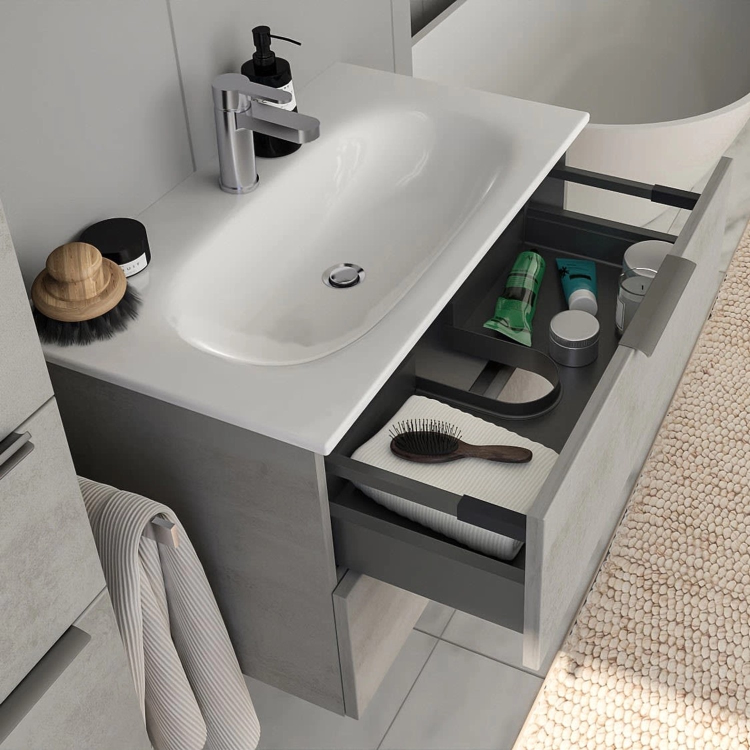 Steinkamp Waschtischunterschrank Living 2.0 mit GROHE Essence Waschtisch, oxid hellgrau, mit offenen Schubladen.