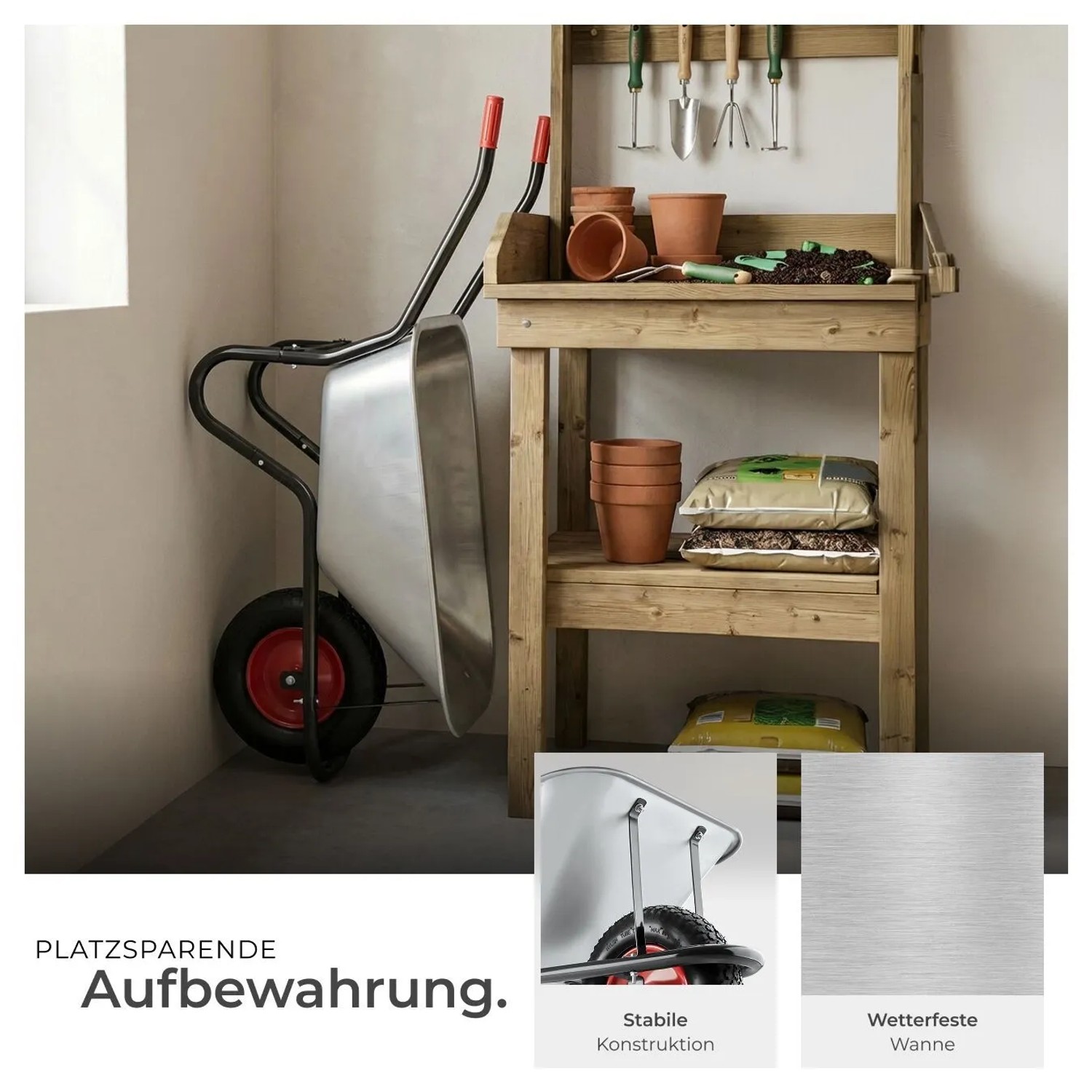 Tectake Schubkarre Oskar Aus Verzinktem Stahl Mit Kunststoffgriffholmen  146 x 57 x 66 cm Silber_7