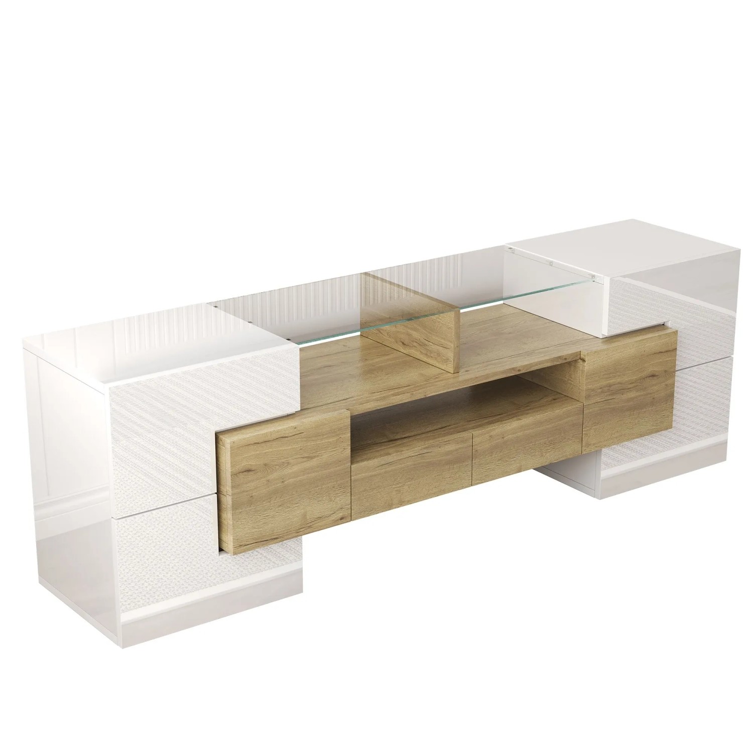 okwish TV Schrank mit LED Beleuchtung und Glas Oberfläche für Wohnzimmer 145x30x51cm Natur