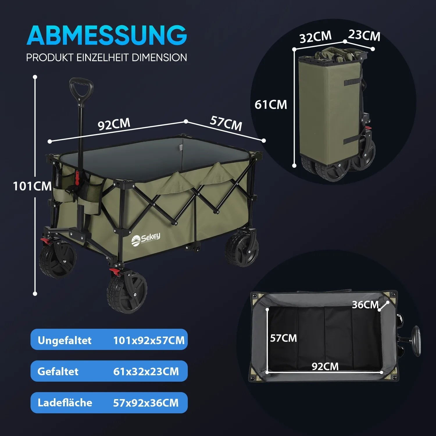 Sekey XXL Bollerwagen, faltbar, grün, mit Bremsen. Ideal für Camping & Freizeit.