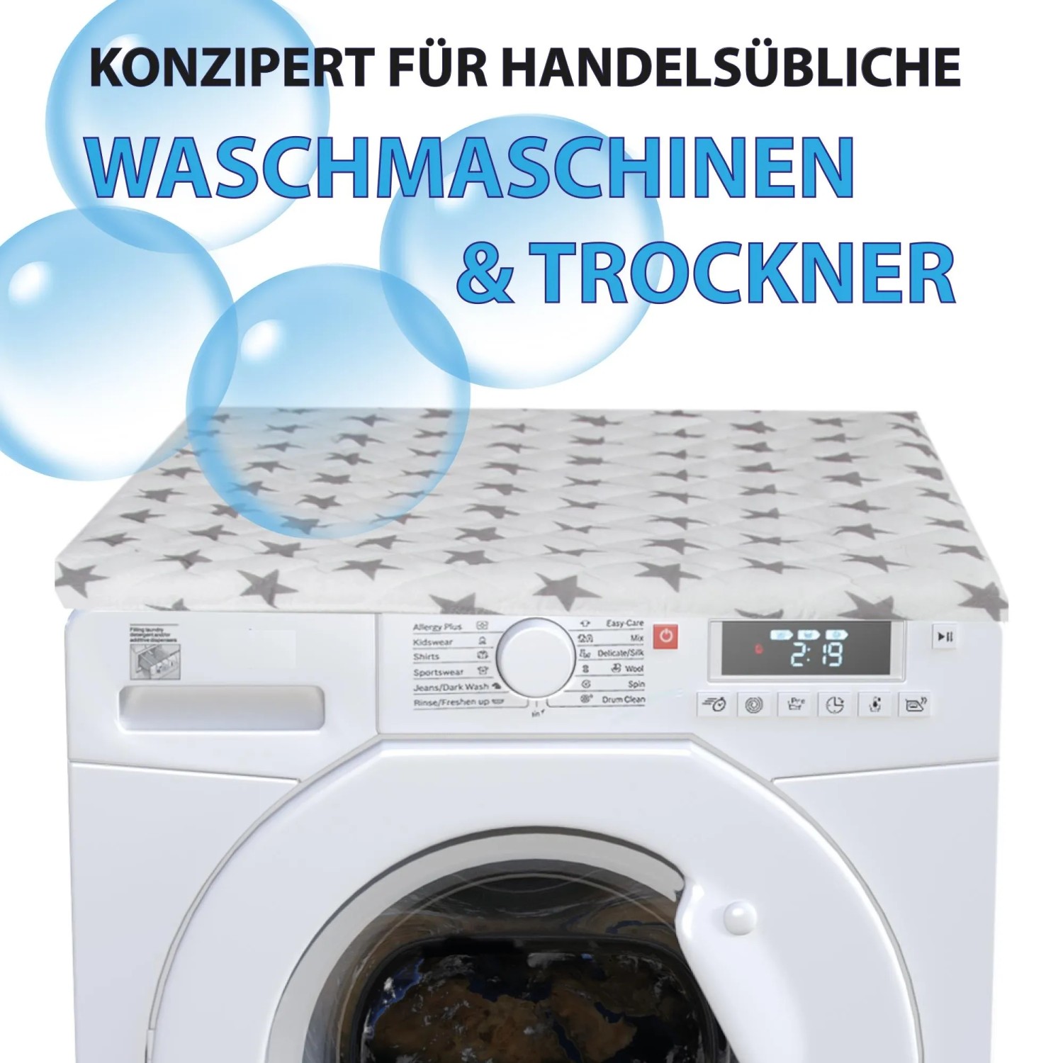 Bestlivings Waschmaschinenbezug mit Sternenmuster in Weiß auf Waschmaschine.
