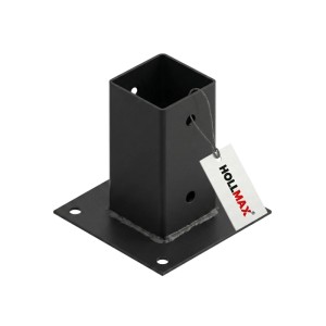 Schwarzer HOLLMAX Pfostenträger, Aufschraubhülse für 71 mm Vierkantpfosten aus pulverbeschichtetem Stahl.