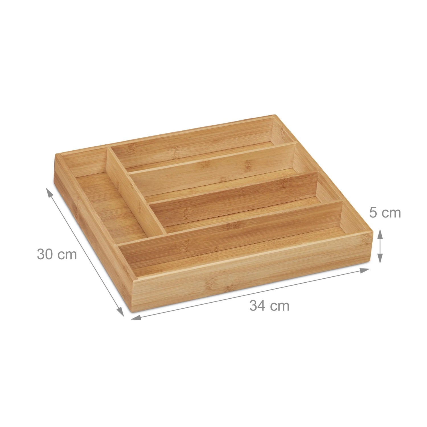 Besteckkasten aus Bambus, naturfarben, mit 5 Fächern für Schubladen. Maße: 30x34x5 cm. Ideal für Küchenutensilien.