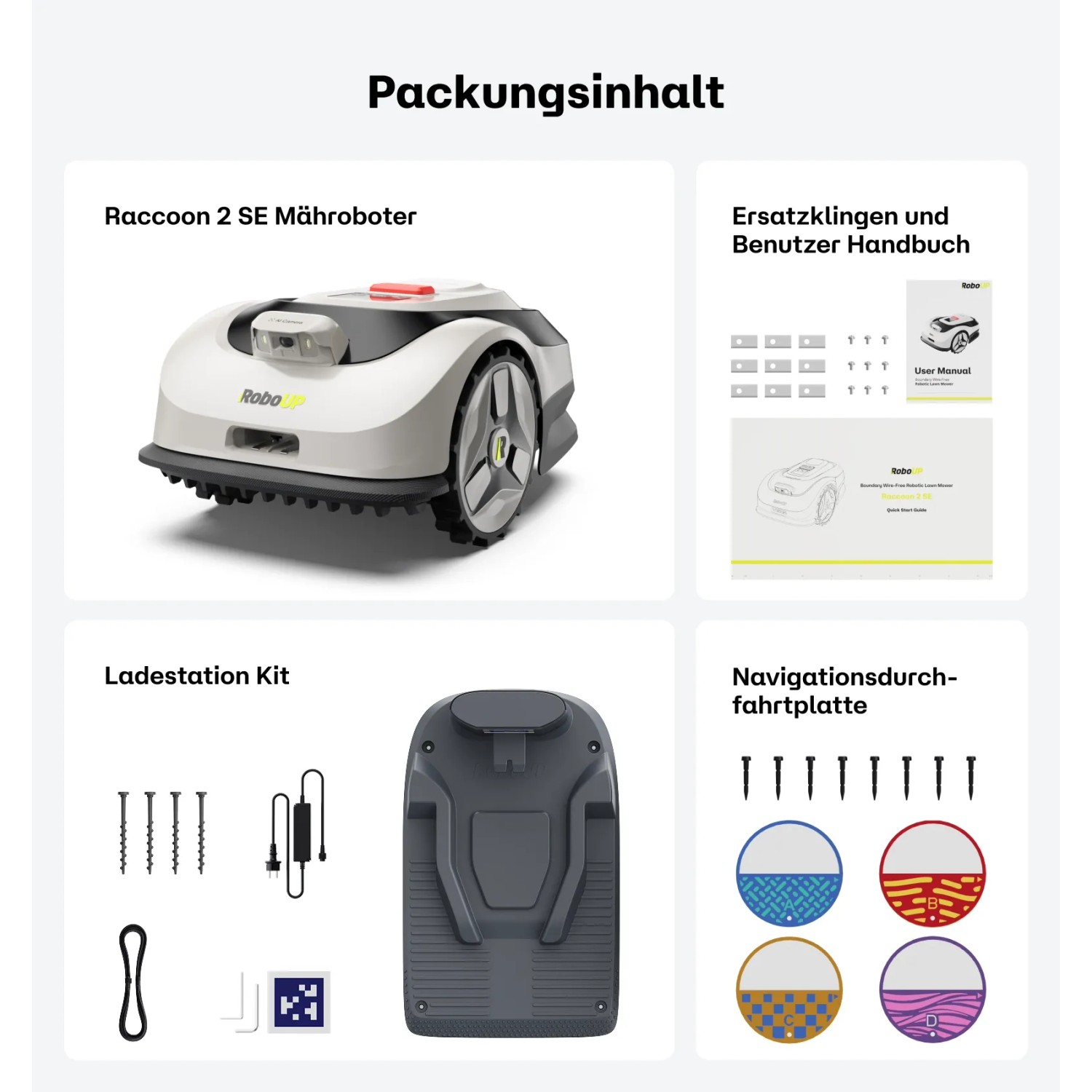 Packungsinhalt: RoboUP Raccoon 2 SE Mähroboter, Ladestation, Ersatzklingen, Handbuch, Navigationsplatten.
