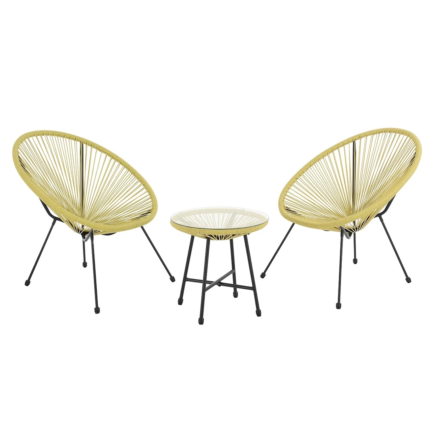 Svita Bali Gartenmöbel Set: Gelbe Lounge Garnitur mit 2 Sesseln und Tisch mit Glasplatte.