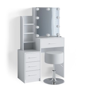 Weißer Vicco Schminktisch Conrada mit LED-Beleuchtung, Spiegel und Hocker.