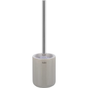Freistehender, grauer baliv WC-Bürstenhalter aus Keramik mit Rillenstruktur und silberner Bürste.