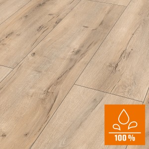 Classen Laminat 8 mm wasserfest Oak Beige, helle Holzoptik mit Fugen und Wasserfest-Symbol.