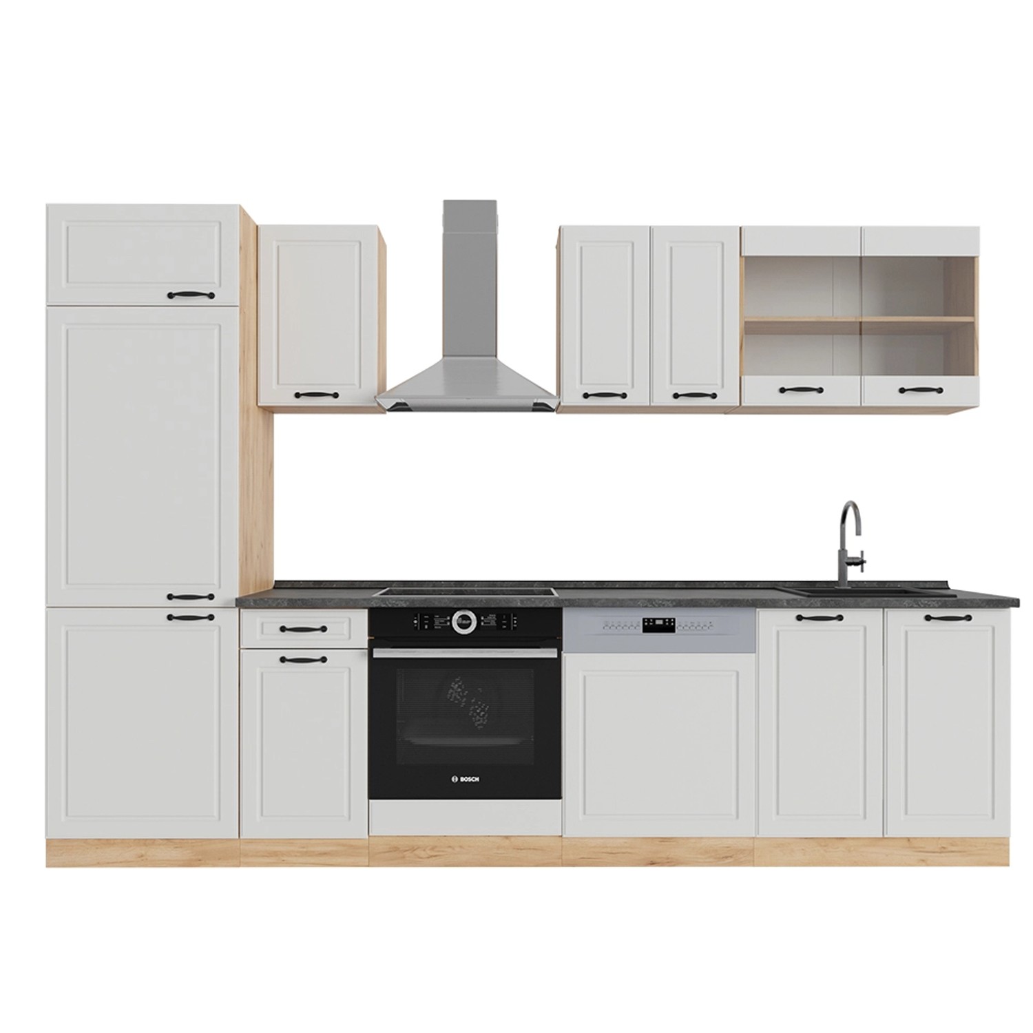 Vicco R-Line Küchenzeile Weiß Landhaus/Goldkraft Eiche 300 cm AP Anthrazit günstig online kaufen